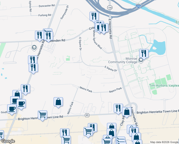 map of restaurants, bars, coffee shops, grocery stores, and more near 999 East Henrietta Road in Rochester