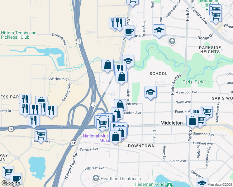 map of restaurants, bars, coffee shops, grocery stores, and more near 7506 Rohlich Court in Middleton