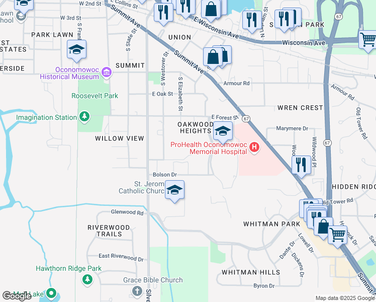 map of restaurants, bars, coffee shops, grocery stores, and more near 524 Frederick Court in Oconomowoc