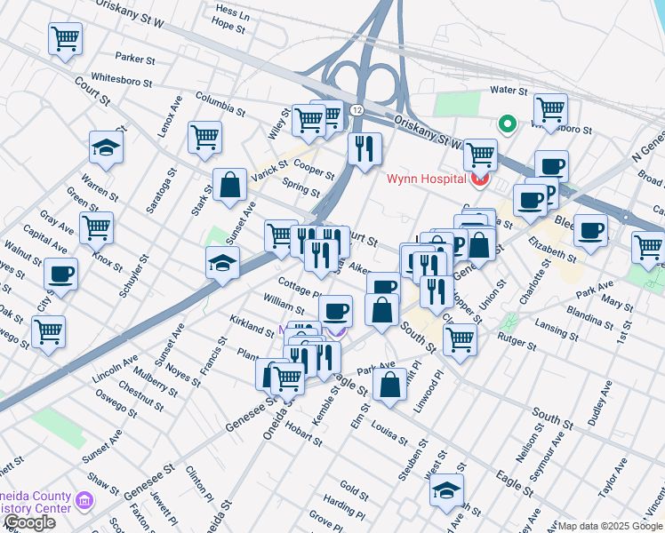 map of restaurants, bars, coffee shops, grocery stores, and more near in Utica