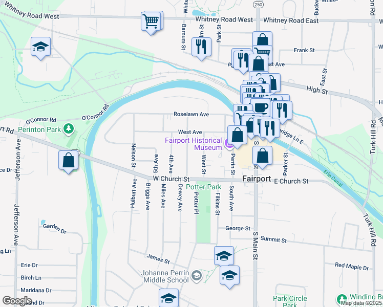 map of restaurants, bars, coffee shops, grocery stores, and more near 36 Woodlawn Avenue in Fairport