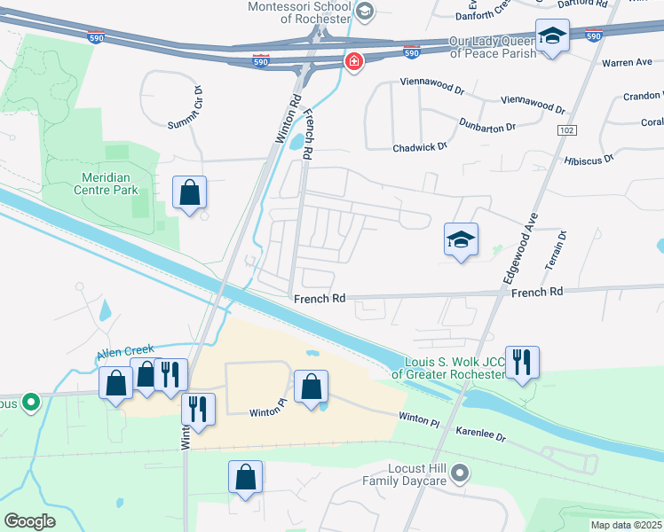 map of restaurants, bars, coffee shops, grocery stores, and more near 96 Branchwood Lane in Rochester