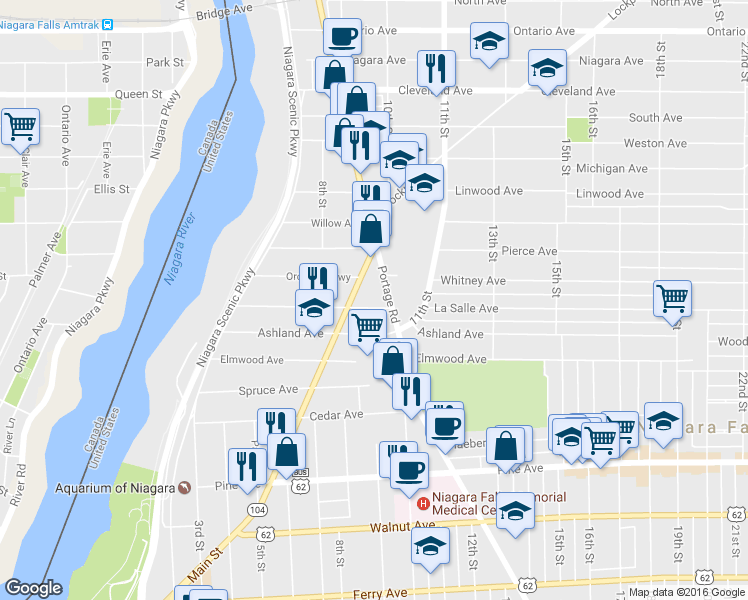 map of restaurants, bars, coffee shops, grocery stores, and more near 828 Ashland Avenue in Niagara Falls