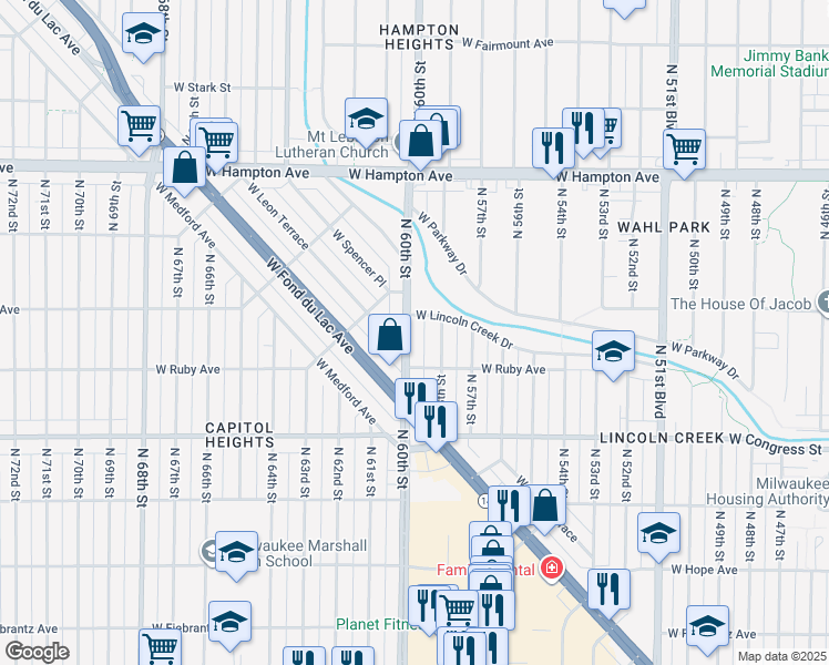 map of restaurants, bars, coffee shops, grocery stores, and more near 6003 West Leon Terrace in Milwaukee
