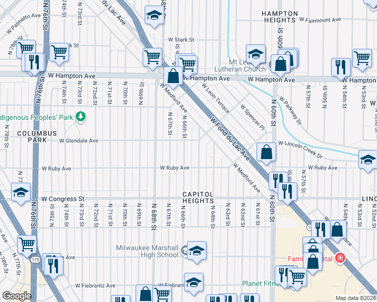 map of restaurants, bars, coffee shops, grocery stores, and more near 4513 North 66th Street in Milwaukee