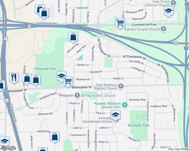 map of restaurants, bars, coffee shops, grocery stores, and more near 5 Swanton Road in Madison