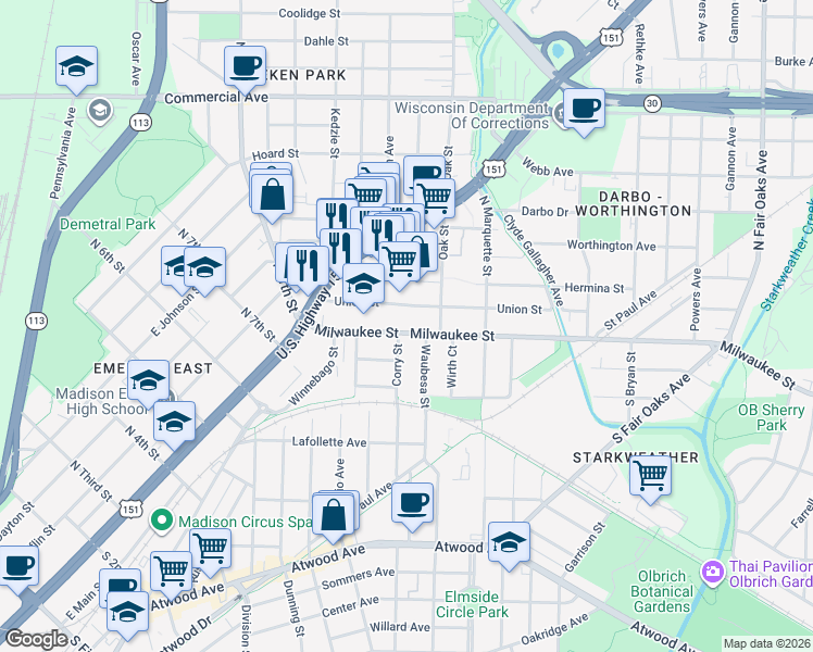 map of restaurants, bars, coffee shops, grocery stores, and more near 13 Corry Street in Madison