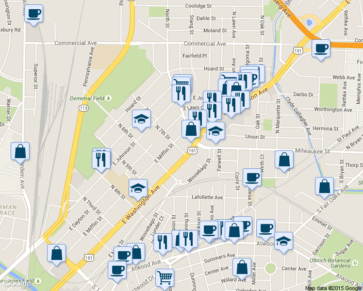 map of restaurants, bars, coffee shops, grocery stores, and more near 2450 East Washington Avenue in Madison