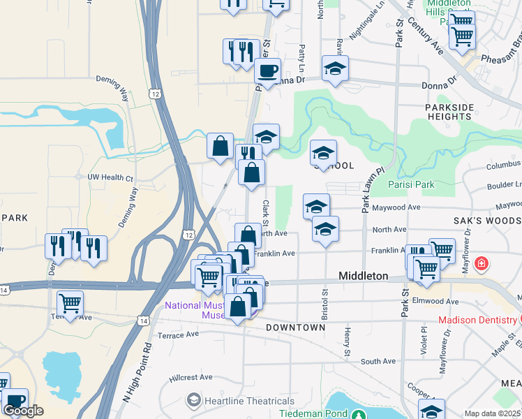map of restaurants, bars, coffee shops, grocery stores, and more near 2211 Parmenter Street in Middleton