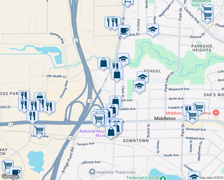 map of restaurants, bars, coffee shops, grocery stores, and more near 2212 Parmenter Street in Middleton