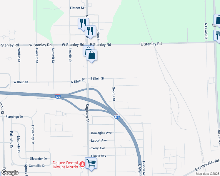 map of restaurants, bars, coffee shops, grocery stores, and more near 1087 Chrysler Street in Mount Morris