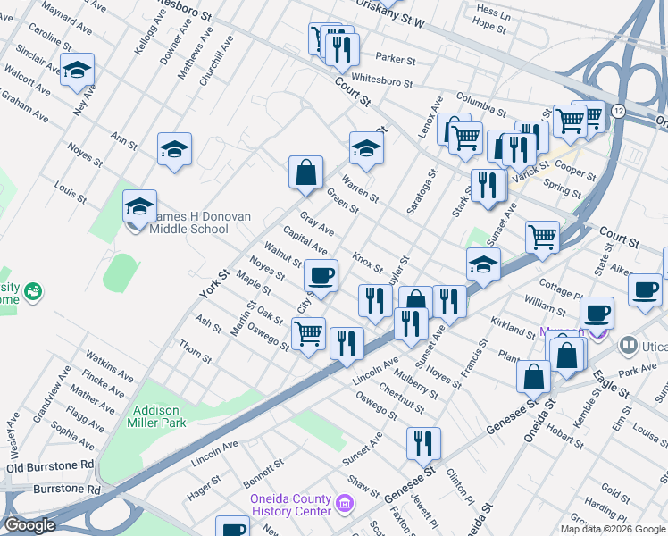 map of restaurants, bars, coffee shops, grocery stores, and more near 1305 City Street in Utica