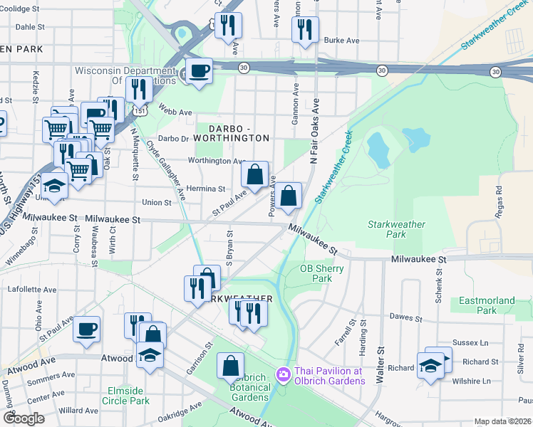 map of restaurants, bars, coffee shops, grocery stores, and more near 3245 Milwaukee Street in Madison