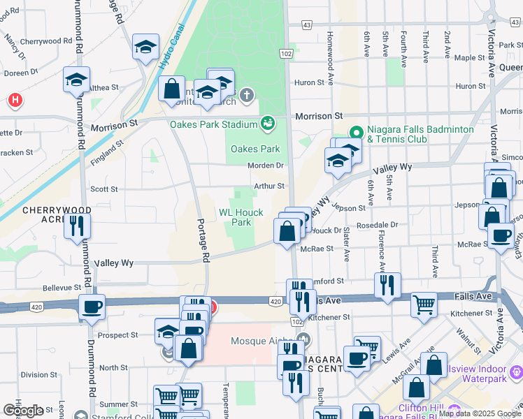 map of restaurants, bars, coffee shops, grocery stores, and more near 5611 Valley Way in Niagara Falls