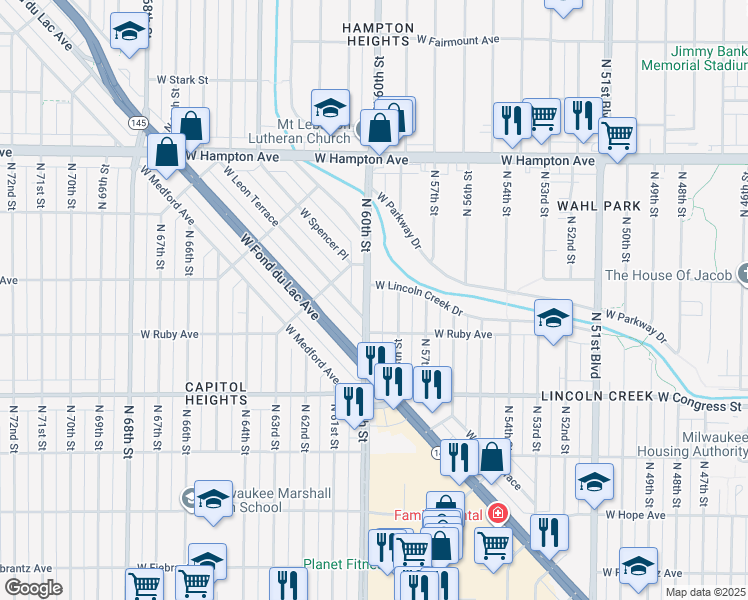 map of restaurants, bars, coffee shops, grocery stores, and more near 6003 West Leon Terrace in Milwaukee