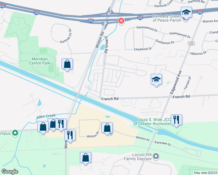 map of restaurants, bars, coffee shops, grocery stores, and more near 802 Eastbrooke Lane in Rochester