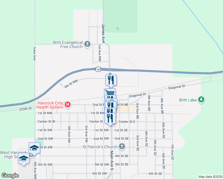 map of restaurants, bars, coffee shops, grocery stores, and more near 500 Main Avenue North in Britt
