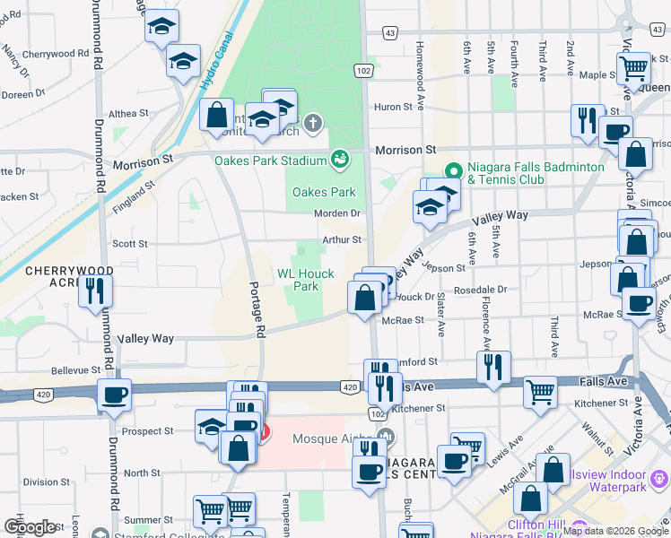 map of restaurants, bars, coffee shops, grocery stores, and more near 5611 Valley Way in Niagara Falls