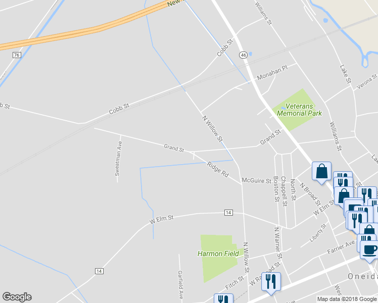 map of restaurants, bars, coffee shops, grocery stores, and more near 528 Grand Street in Oneida