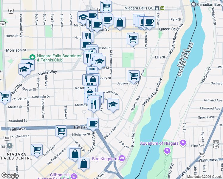 map of restaurants, bars, coffee shops, grocery stores, and more near 5113 Saint Lawrence Avenue in Niagara Falls