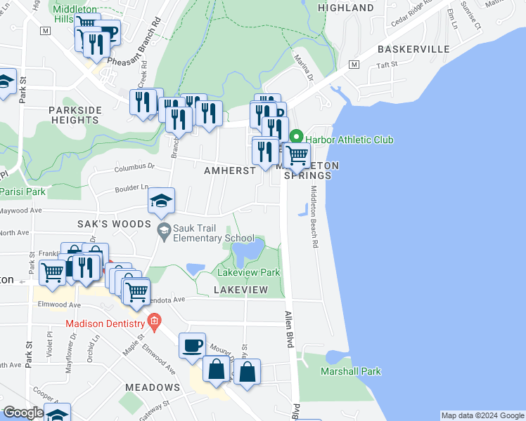 map of restaurants, bars, coffee shops, grocery stores, and more near 6205 Maywood Avenue in Middleton