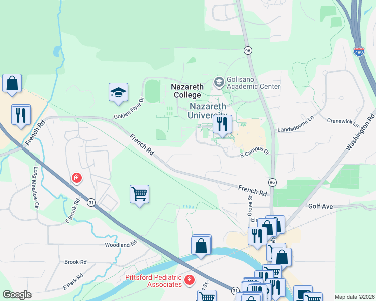 map of restaurants, bars, coffee shops, grocery stores, and more near 58 Winding Road in Rochester
