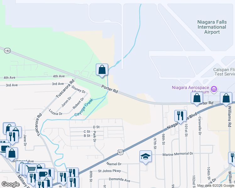 map of restaurants, bars, coffee shops, grocery stores, and more near 9400 Porter Road in Niagara Falls