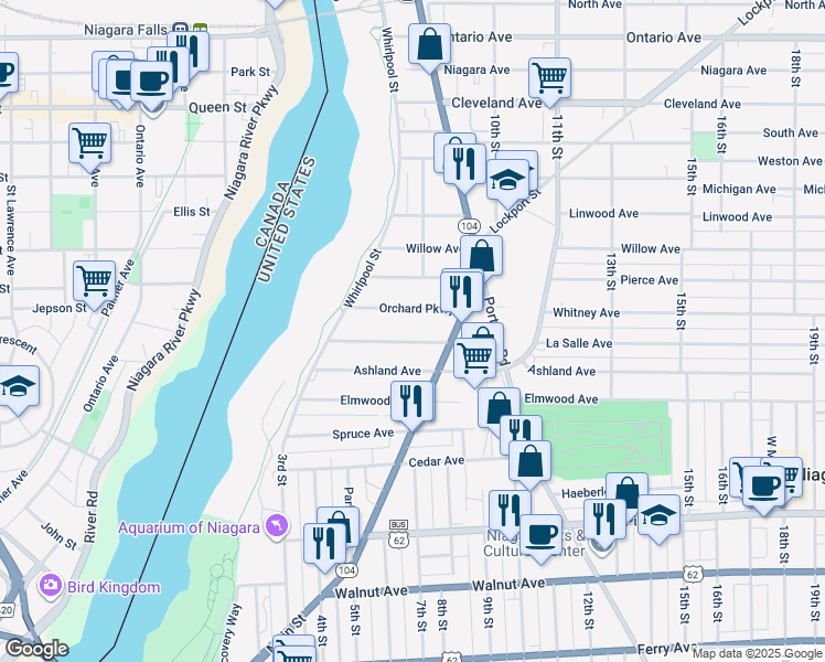 map of restaurants, bars, coffee shops, grocery stores, and more near 672 Orchard Parkway in Niagara Falls