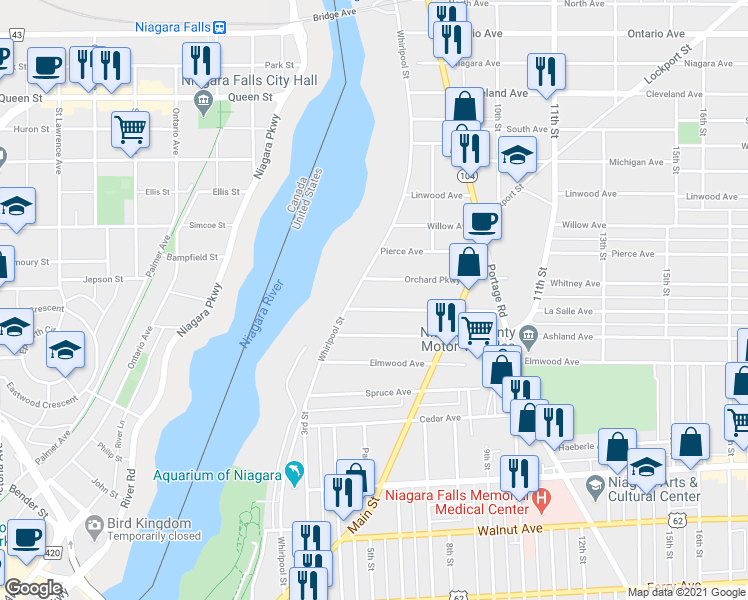 map of restaurants, bars, coffee shops, grocery stores, and more near 638 Orchard Parkway in Niagara Falls