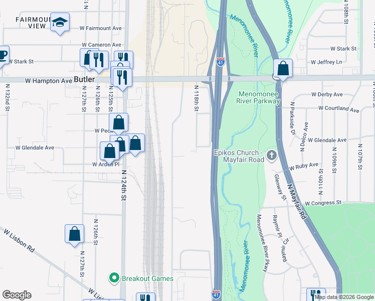 map of restaurants, bars, coffee shops, grocery stores, and more near 4623 North 118th Street in Wauwatosa
