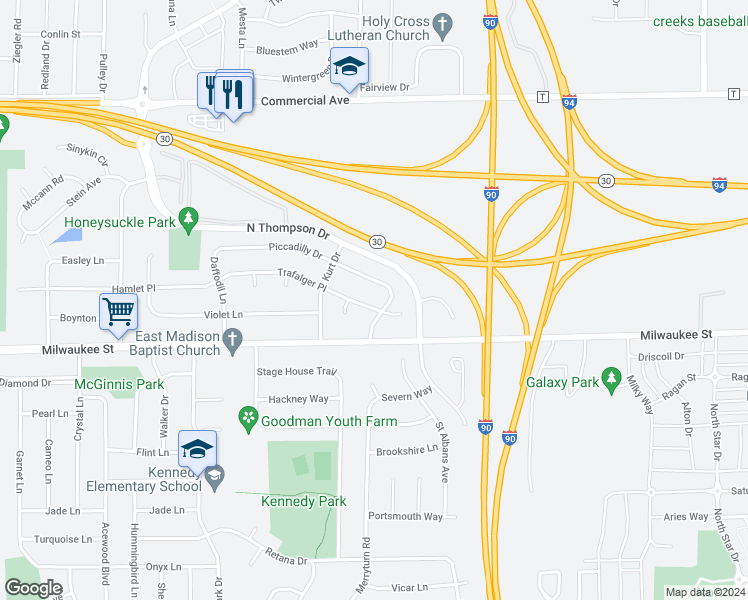 map of restaurants, bars, coffee shops, grocery stores, and more near 5228 Piccadilly Drive in Madison