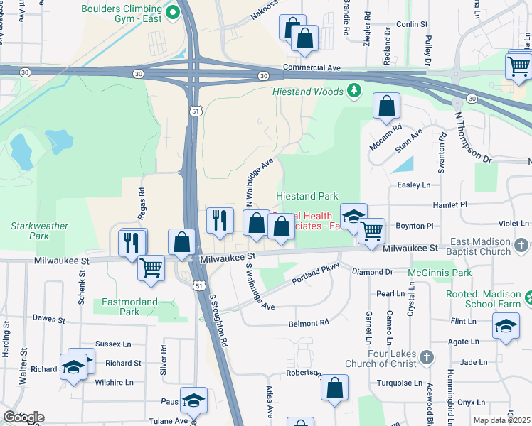 map of restaurants, bars, coffee shops, grocery stores, and more near 201 North Walbridge Avenue in Madison