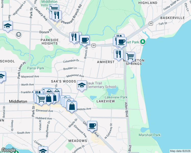 map of restaurants, bars, coffee shops, grocery stores, and more near 2403 Maywood Circle in Middleton