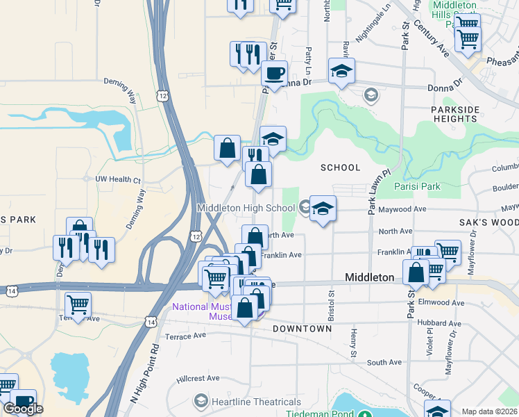 map of restaurants, bars, coffee shops, grocery stores, and more near 2317 Parmenter Street in Middleton
