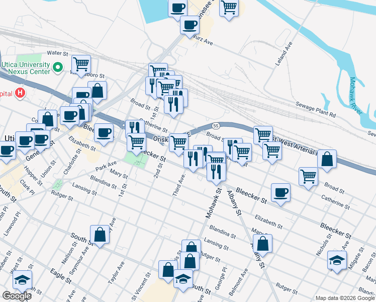 map of restaurants, bars, coffee shops, grocery stores, and more near 607 Jay Street in Utica