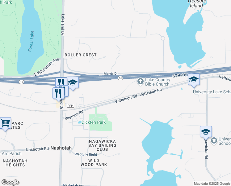 map of restaurants, bars, coffee shops, grocery stores, and more near N45W32552 Watertown Plank Road in Nashotah