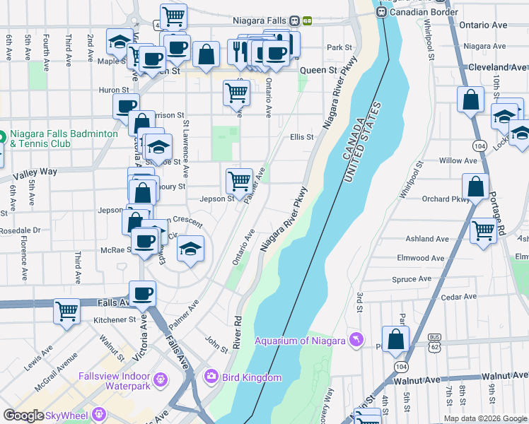 map of restaurants, bars, coffee shops, grocery stores, and more near 4372 Seneca Street in Niagara Falls