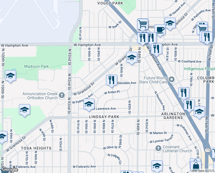 map of restaurants, bars, coffee shops, grocery stores, and more near 8704 West Palmetto Avenue in Milwaukee