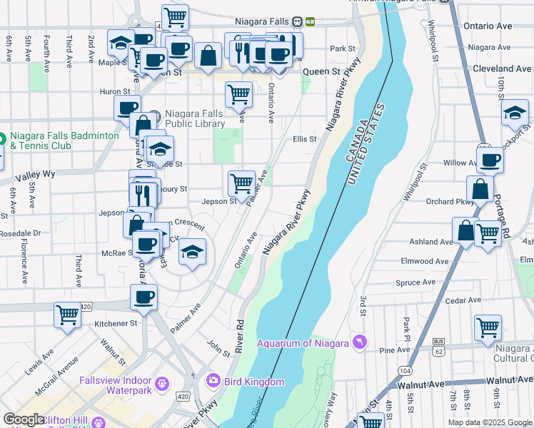 map of restaurants, bars, coffee shops, grocery stores, and more near 4372 Seneca Street in Niagara Falls