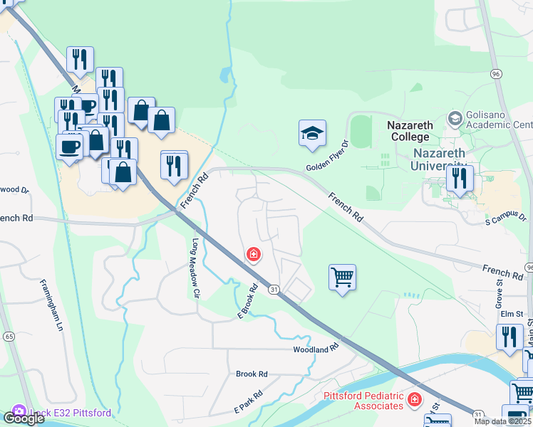 map of restaurants, bars, coffee shops, grocery stores, and more near 171 Brittany Lane in Pittsford