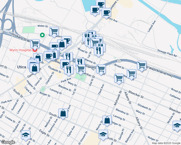 map of restaurants, bars, coffee shops, grocery stores, and more near 417 Bleecker Street in Utica