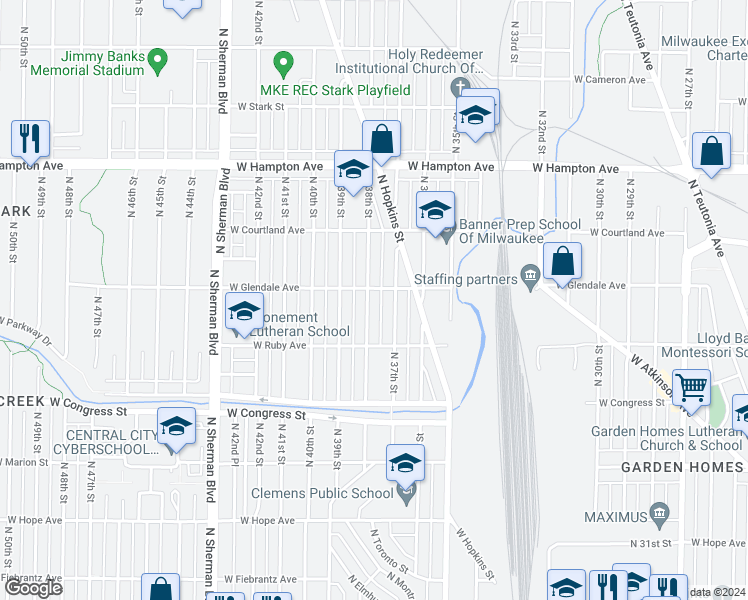 map of restaurants, bars, coffee shops, grocery stores, and more near 4606 North 38th Street in Milwaukee