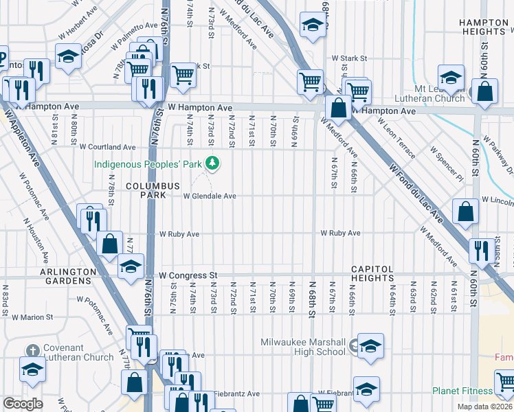 map of restaurants, bars, coffee shops, grocery stores, and more near 4602 North 71st Street in Milwaukee