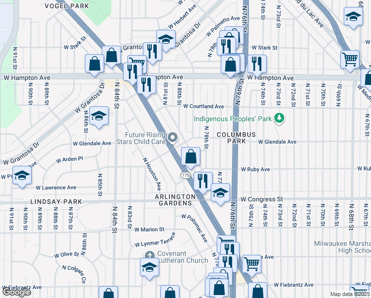 map of restaurants, bars, coffee shops, grocery stores, and more near 7908 West Glendale Avenue in Milwaukee