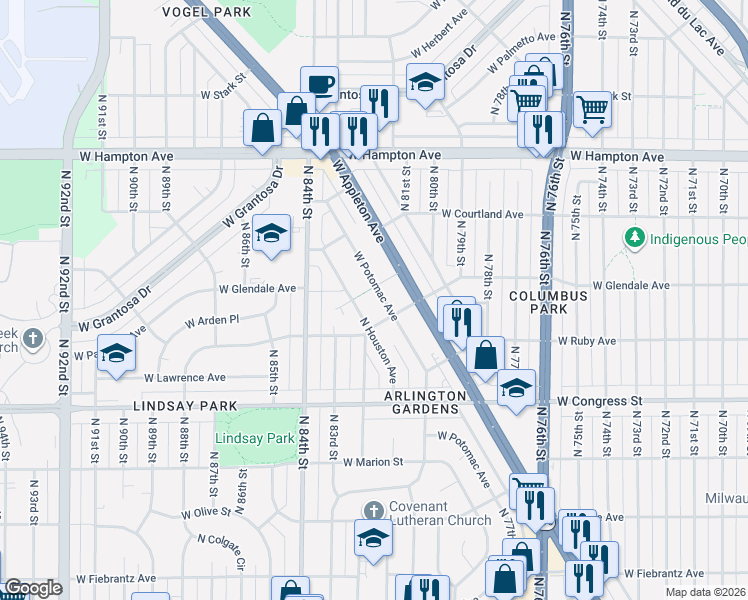 map of restaurants, bars, coffee shops, grocery stores, and more near 8122 West Potomac Avenue in Milwaukee