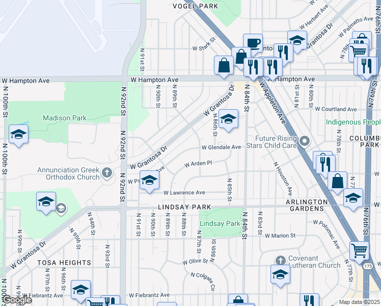 map of restaurants, bars, coffee shops, grocery stores, and more near 8704 West Palmetto Avenue in Milwaukee