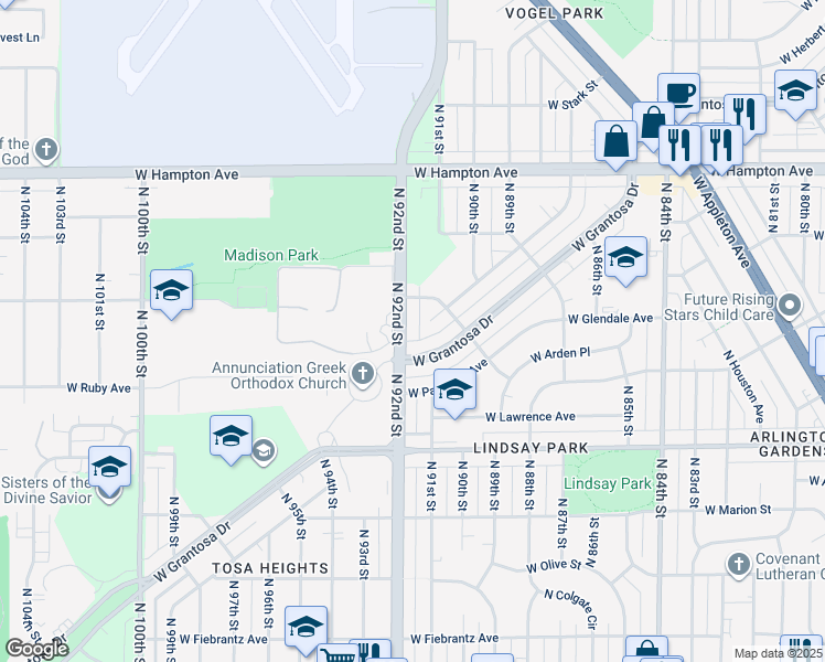 map of restaurants, bars, coffee shops, grocery stores, and more near 4590 North 92nd Street in Milwaukee