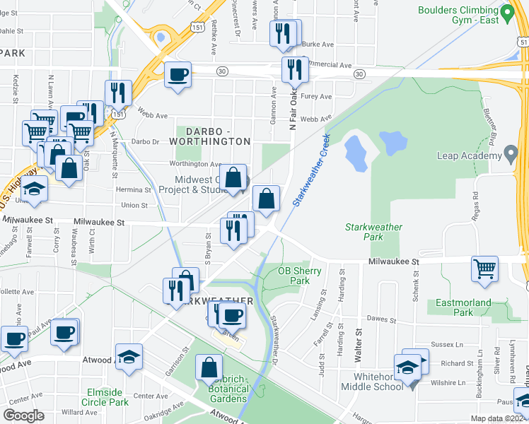 map of restaurants, bars, coffee shops, grocery stores, and more near 3312 Wells Avenue in Madison