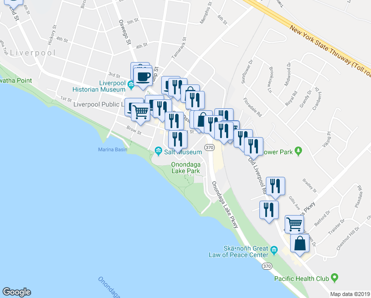 map of restaurants, bars, coffee shops, grocery stores, and more near 108 South Willow Street in Liverpool