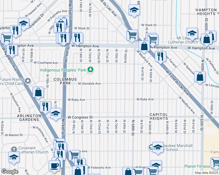 map of restaurants, bars, coffee shops, grocery stores, and more near 4602 North 71st Street in Milwaukee